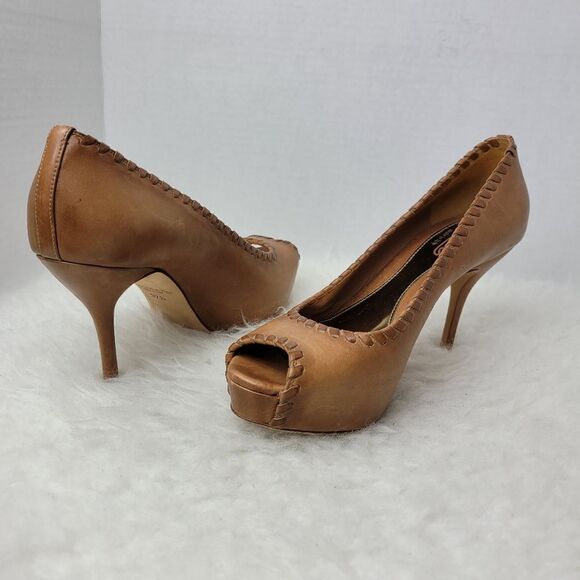 Gucci Brown Leather Whipstitch Trim Pumps Open Toe 264984 Heel Shoes Size 7 US - Picture 5 of 10